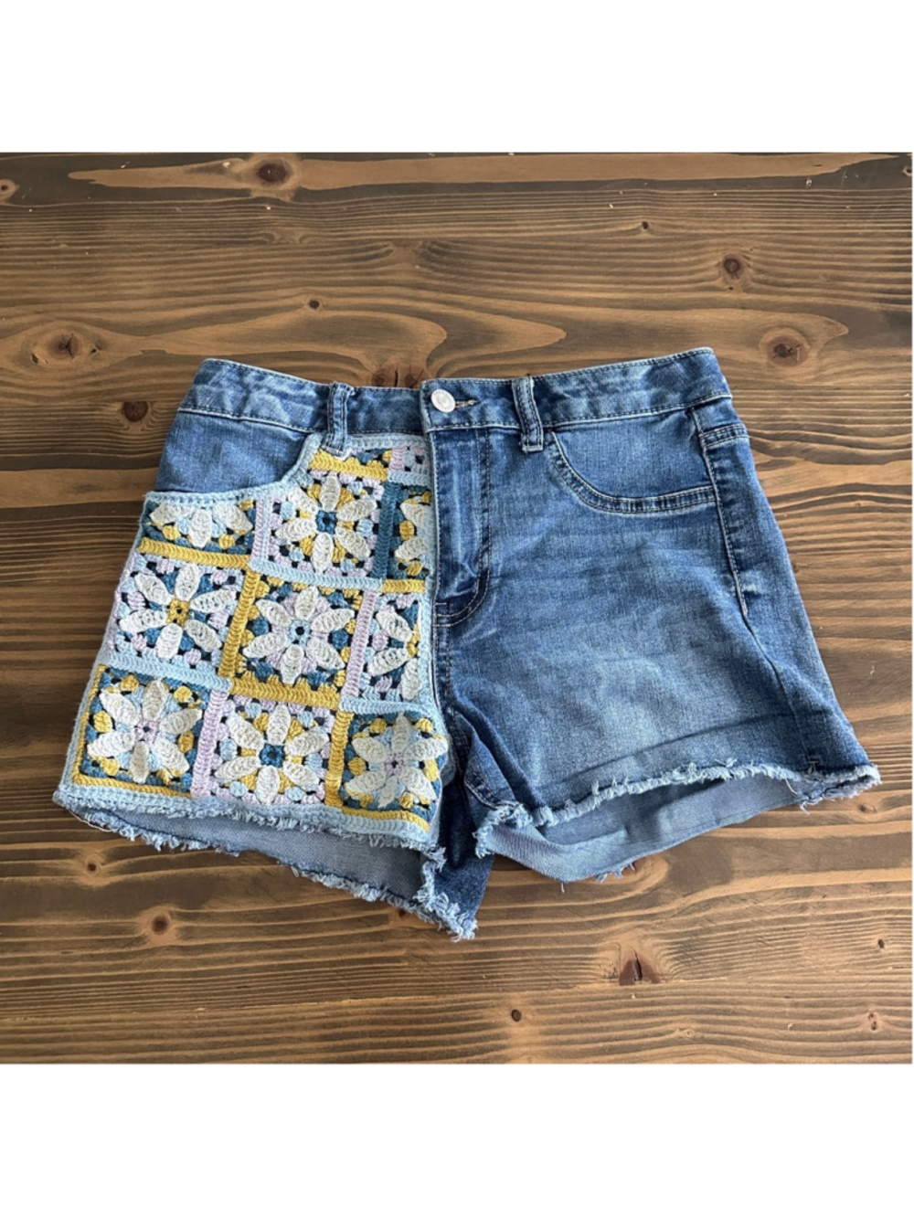 Hippie Girl Jean Shorts Juniors 14 Blue Crochet Patchwork High Rise
